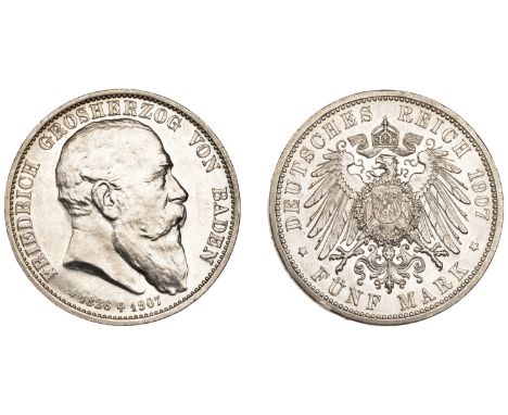 Germany, BADEN, Friedrich I, 5 Mark, 1907 (Dav. 537; KM. 279). About as struck [slabbed NGC MS 63] £150-£180