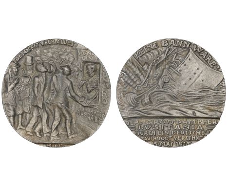 Sinking of the SS Lusitania, 1915, a cast English copy of the medal by K. Goetz, liner sinking, legend and date 5 may 1915 in