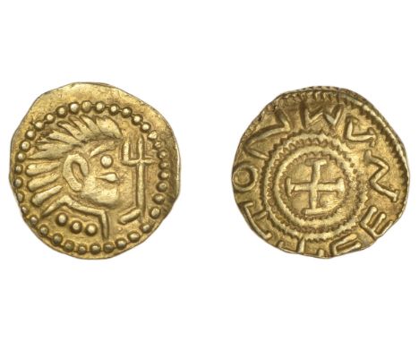 Early Anglo-Saxon Period, Thrymsa, Ultra-Crondal period, Wvneetton type, draped bust right with flowing hair, three diadem ti