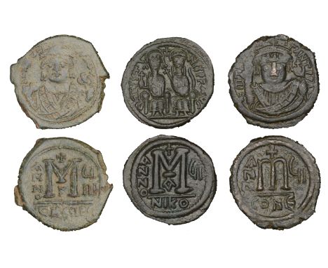 Byzantine Coinage, Justin II, Follis, Nikomedia, yr 6 [572-3], Justinian and Sophia enthroned facing, rev. large M, 13.84g (D