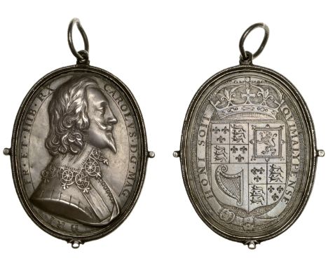 Charles I, a cast silver Royalist badge by T. Rawlins, bust right, rev. crowned arms within Garter, 44 x 33mm, 8.22g (Platt t