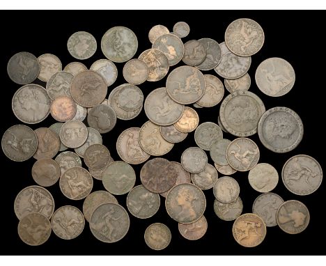 James I to Victoria, Pennies (12), Halfpence (26), Farthings (37); together with a model Penny and Halfpenny by Lauer [77]. V