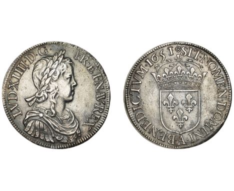 France, Louis XIV, Écu à la mèche longue, 1651a, Paris (Dup. 1469; Gad. 202; KM. 155.1). Cleaned, some light scratches on rev