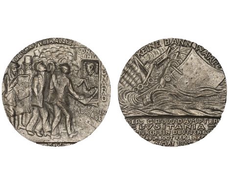 Sinking of the SS Lusitania, 1915, a cast English copy of the medal by K. Goetz, liner sinking, legend and date 5 may 1915 in