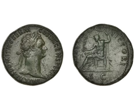 Roman Imperial Coinage, Domitian, Sestertius, 95-6, laureate bust right, rev. Jupiter seated left, holding Victory and sceptr