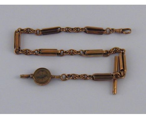 A 9 carat gold Albert watch chain, with a gold cased compass watch key set with bloodstone, gross weight approx 39.8 gms, cha