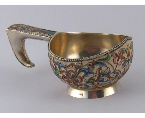 A Russian silver shaded floral cloisonne enamelled kovsh. Marks P.F, possibly Pyetr Farisyeyev, Moscow, 1908-1917. 9.5cm. lon