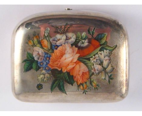 A Russian silver purse with inset en plein enamel floral display. Marks for Maria Adler, Moscow 88 standard, 1876. 7.5x6x2.5c