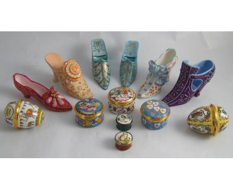 Halcyon Days. A group of six ceramic shoes, two boxed, together with Christmas 1985, Christmas 1995, "for the one I love" box