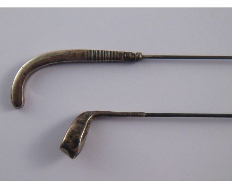 Two silver hatpins with sporting symbols, one a golf club by Sampson Morden & Co. Chester circa 1910 (Marks unclear), the oth