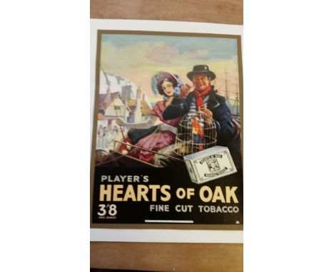 PLAYERS, display poster for Hearts of Oak tobacco, showing showing couple driving carriage with parrot in cage, 12 x 16, prin