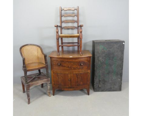 An early 20th century mahogany and ebony strung bow-front cabinet, 68x72x47cm, a child's French oak rush-seated ladder back a