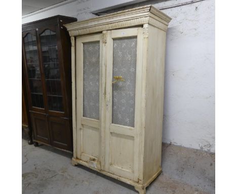 A Victorian painted pine larder cupboard with shelf fitted interior. 119x180x50cm. A/F.Back legs detached but present. Glass 