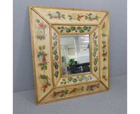 A continental cushion-framed rectangular wall mirror with painted floral decoration. 101x112cm. 
