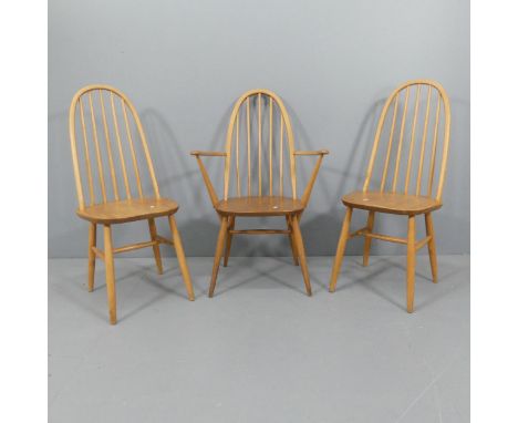 ERCOL - A set of three Quaker dining chairs (2+1).All chairs split to seat and back. Armchair has some possible repairs visib