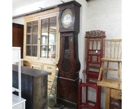 An antique French pine cased comtoise clock, with painted decoration and enamel dial, complete with pendulum and weights. 50x