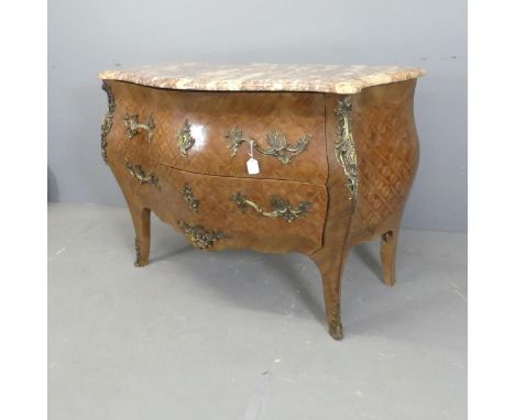 A French Louis XV style bombe commode chest of two drawers, with shapes marble top and brass mounts. 188x86x56cm. 