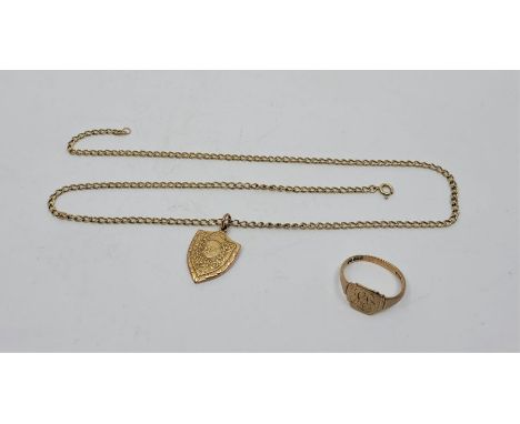 A 9ct. gold chain, length 50cm, suspending a 9ct. gold shield form bowls prize pendant/fob, together with a 9ct. gold signet 