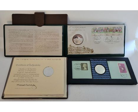 Three Medallic 1st Day Covers: The Test Cricket Centenary 1877-1977 Official Commemorative, a sterling silver proof medal wit