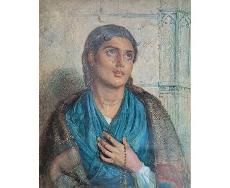 19th century Continental school, A half length portrait of a young lady holding rosary beads, watercolour, image 39cm x 31.5c
