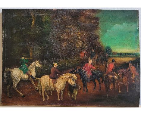 19th century British school, "Hunting with hounds", oil on panel, possibly Irish, 16cm x 25.2cm, framed.&nbsp;
