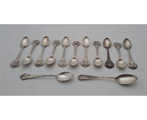 Eleven silver teaspoons,&nbsp;by H W Miller Ltd, Birmingham 1934-39, with castle finials, together with two other silver teas