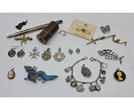 A collection of silver and other costume jewellery, to include: a silver charm bracelet, silver fobs, a Chinese export white 