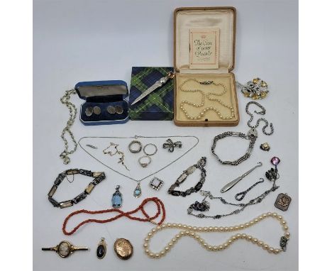 A collection of costume jewellery, to include: a cultured pearl necklace, with paste set silver clasp, a coral bead necklace,