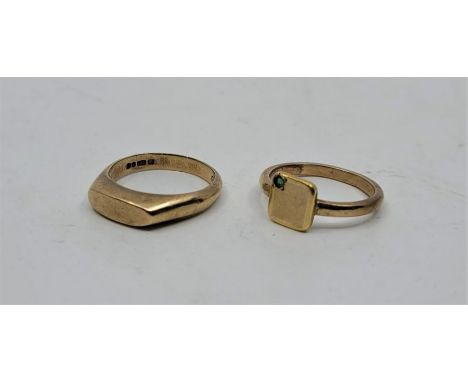 A 9ct. gold ring, Size UK K 1/2 (2.5g), together with a precious yellow metal and emerald set ring, (yellow metal assessed as