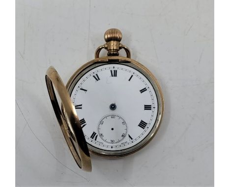A 9ct. gold open faced pocket watch, crown wind, having white enamel Roman numeral dial with subsidiary Arabic numeral second