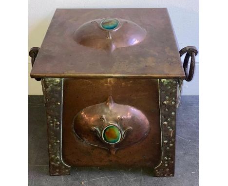 An Arts and Crafts copper coal bin embellished with enamel motifs, side carrying handles Condition good no losses to enamel 