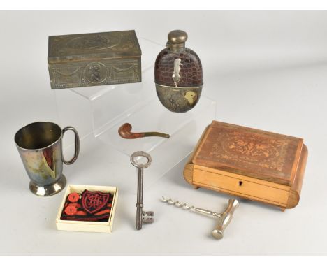 A Continental Inlaid Musical Jewellery box, A Metal Covered State Express Cigarette Box, A Hip Flask, Miniature Pipe, Corkscr