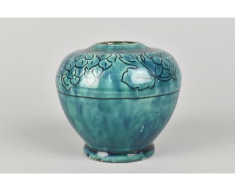A Della Robbia Vase of Globular Form, Turquoise Green Glaze with Sgraffito Grape and Vine Decoration, 7cm high