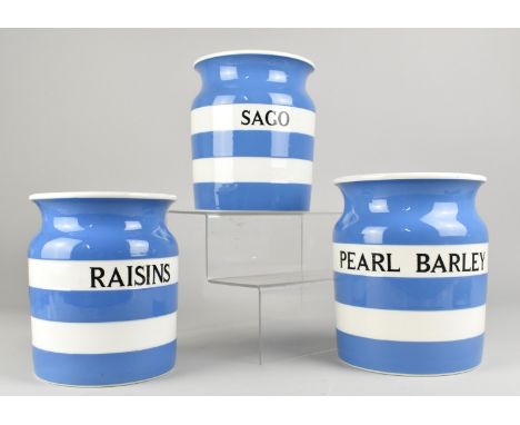 Three Cornish Ware Storage Jars by TG Greene, Pearl Barley, Raisins, and Sago, All with lids, 18cms and 16.5cms High