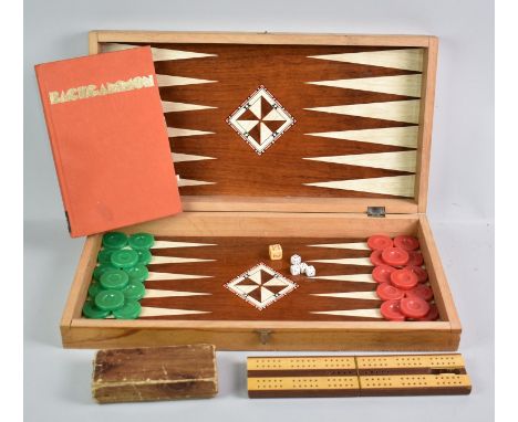 A Late 20th Century Backgammon Game with Rule Book and Horn Cribbage Board