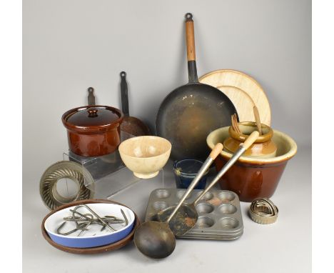 A Collection of Various Kitchenalia to Comprise Glazed Stoneware Pots, Cast Iron Skillet Pans, Muffin Dishes, S Hooks etc