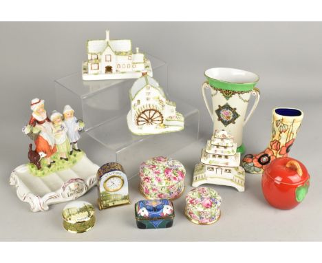 A Collection of Various Ceramics to Comprise Three Coalport Cottages, Art Deco Noritake Twin Handled Vase, Reproduction Yardl