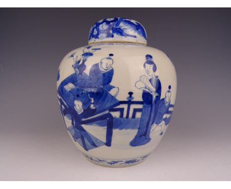 Chinese porcelain blue and white jar and cover with figures-kangxi mark. Height 26 cm. Both good condition, no chips, hairlin