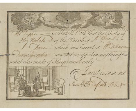*Burial in Sheep's Wool. A printed affidavit, completed in manuscript, 17 December 1761,  noting that Thomas Tapper 'maketh o