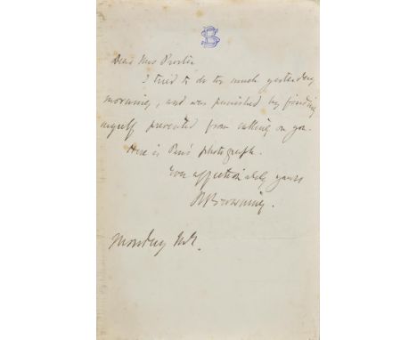 *Browning (Robert, 1812-1889). Autograph letter signed, 'R. Browning', Monday, no date or year,  to Mrs Porter, 'I tried to d