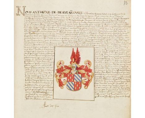 French Genealogical Manuscript. A folio genealogical manuscript in French, entitled Recherches genealogiques, circa 1600,  ap