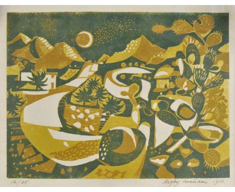 *Graham (Rigby, 1931-2015). Sunny landscape with mountains and cacti, 1960, linocut in four colours, signed, dated, and numbe