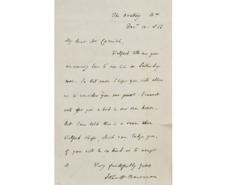 Newman (John Henry, 1801-1890). Autograph letter signed, 'John H. Newman', The Oratory, Birmingham, 10 December 1866,  to Mr 