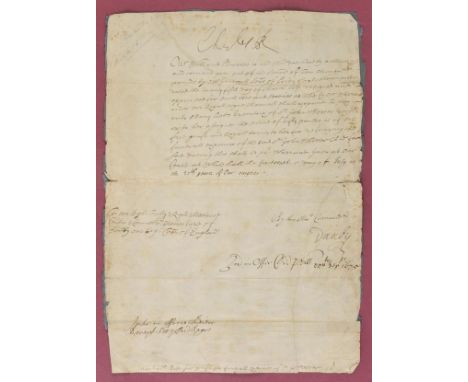 *Charles II (King of England, 1630-85). Manuscript royal warrant signed 'Charles R', 14 July 1675,  in which a Mary Botts, th