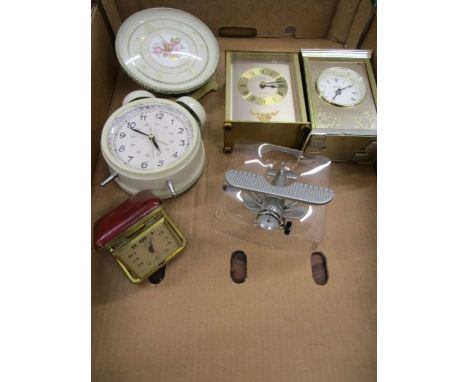 Travelling clock, 2 carriage clocks, alarm clock and a novelty aeroplane clock (missing wheel)