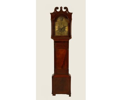 A MAHOGANY LONGCASE CLOCK with a brass dial, the arch with a tablet engraved "J. Telfer, Beith", the chapter ring enclosing t