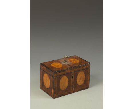 A GEORGE III MAHOGANY SATINWOOD AND ROSEWOOD CROSS BANDED TEA CADDY, the rectangualr top, front and sides decorated with cent