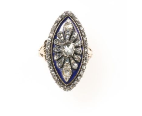 A 19TH CENTURY DIAMOND AND ENAMEL RING of navette form, in a cut-down collet setting to the centre withy a rose-cut diamond a