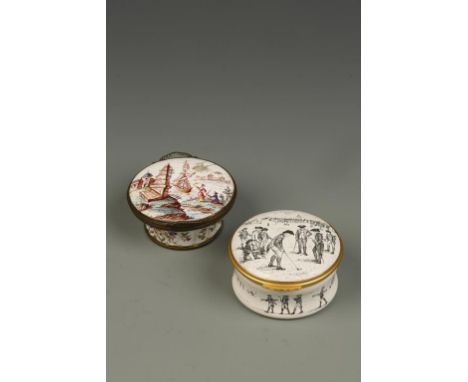 AN ENAMEL SNUFF BOX decorated with floral sprays on white ground, the hinged cover decorated with a river landscape scene wit