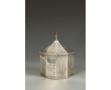 A TEA CADDY of octagonal form, the pull-off cover with urn finial, the bright-cut body engraved with swags, friezes and flora